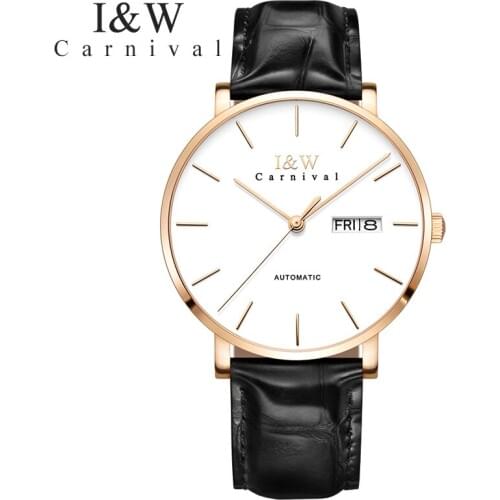 Japan CARNIVAL Automatic Watch Men Stainless Steel Business Wrist Watch Calkskin Leather Fashion Casual Dive 50M Auto Date Clock