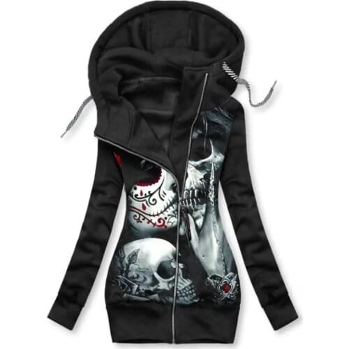 Spring and Autumn Womens Long Sleeve Temperament Commuter Style Polyester 2021 Printed Zipper Hooded Loose Sweater