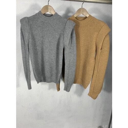 Fashion 2021 New Ladies Long Sleeve Sexy Casual Pure Color Shoulder Pad Knitted Round Neck All-match Sweater 0930
