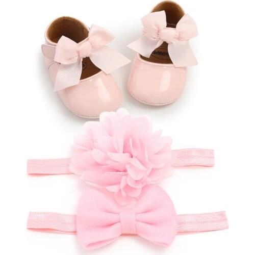 3 Pcs/set Ins Lovely Baby Girl Anti-Slip Casual Walking Shoes Bow Soft Soled Shoes+ 2 Pcs Headbands Soft Sole Baby Walking Shoes
