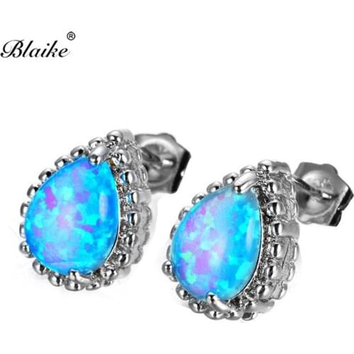 Blaike Cute Water Drop Blue/White Fire Opal Stud Earrings for Women Silver Color Opal Stone Earrings Fashion 2018