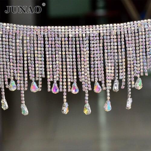 JUNAO 45cm/lot Crystal AB Glass Rhinestone Chain Fringe Tassels Sewing Metal Trim Crystal Applique Strass Banding Clothes Crafts