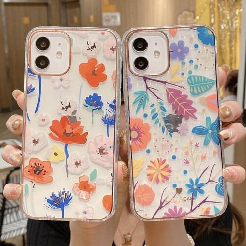 Colorful Flowers Leaf Painted Phone Case For iPhone 12 11 Pro Max XR XS Max X 7 8 Plus 12 Pro Floral Clear Shockproof Back Cover