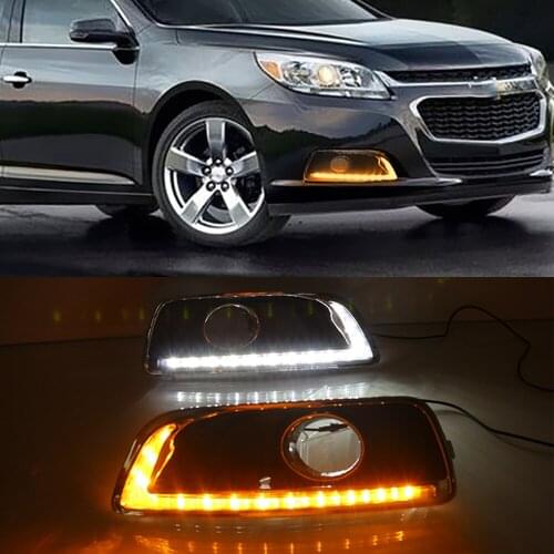 2PCS DRL For Chevrolet Chevy Malibu 2012 2013 2014 2015 Daytime Running Lights fog lamp cover Daylight with yellow turn signal
