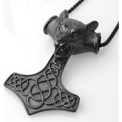 Fitness Hippie Viking Rune Thor Hammer Amulet 316L Stainless Steel Black Box Chain Cool Wolf Hand Pendant Necklace Mens Jewelry