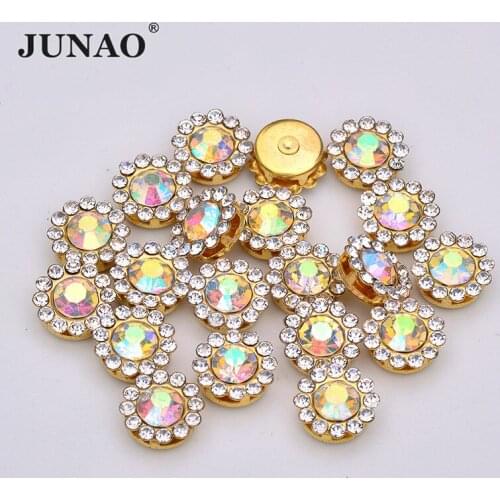 JUNAO 8 10 12 mm Crystal AB Round Flower Rhinestones Buttons With Gold Claw Strass Sewing Glass Crystal for Garment