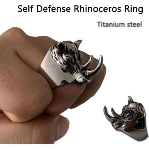 Titanium Steel Personal Rhinoceros Self Defense Ring Unisex Punk Anti-wolf Finger Ring Vintage Wolf Rings Gift Safety Tool