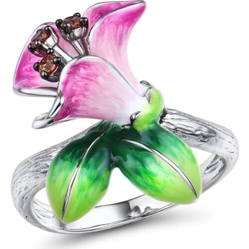 Hot Selling Beautiful Enamel Blooming Flower Silver Rings for Women High Quality Zircon Stone Finger Ring Trendy Vintage Jewelry