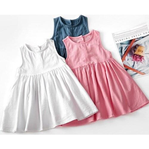 Korean Style Summer Baby Girls Dress Casual Fashion Kids Cotton Linen Sleeveless Solid Color Princess Party Dress