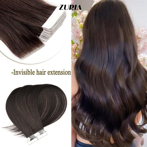 ZURIA Invisible Hair Extensions Natural Remy Hair 16"20"24"20pcs/pack 3*0.9cm PU Skin Adhesive Invisible Tape Hand Tie Hair
