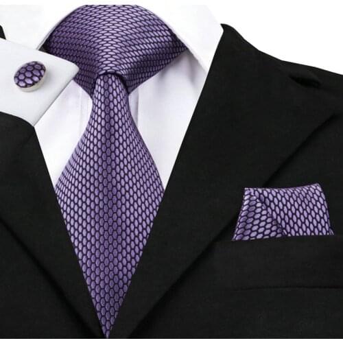SN-1553 New Geometric Pattern Purple Tie Set Silk Hi-Tie Designer Gravatas Hankychief Cufflinks Set for Mens Suit