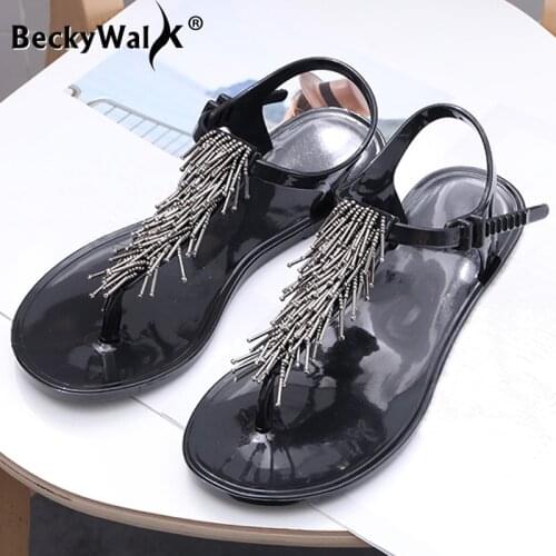 New Arrival Beaded Flip Flops Sandals Black Comfortable Women Flat Sandals Fashion Beach Shoes for Lady zapatos de mujer WSH3542