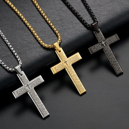 Wholesale 5pcs/Lot Stainless Steel Lords Prayer Cross Pendant Necklace Oratio Dominica Religious Service Jewelry for Christian