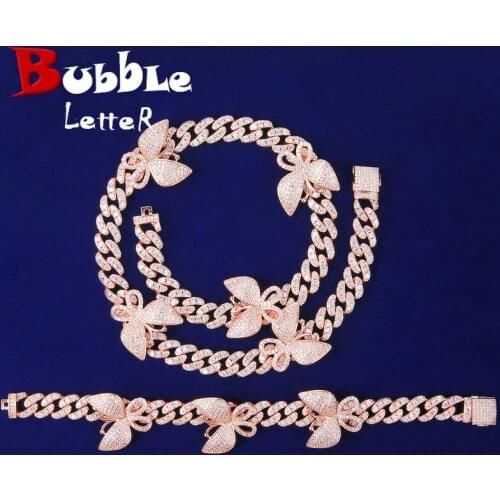 10MM Pink Butterfly Necklace Bracelet Jewelry Sets Hip Hop Women