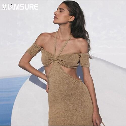IAMSURE Beach Style Holiday Halter Dress See Through Hollow Out Sexy Slim Solid Slash Neck Short Sleeve Dresses For Women 2021