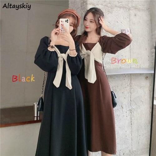 Dress Women Korean Style Long Sleeve Bow Patchwork Square Collar Design Elegant Drape Slim Waist Womens Autumn Friends Ulzzang