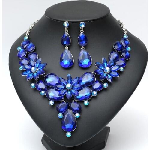 Luxury Water Drop Crystal Statement Bib Necklace Earrings Bridal Jewelry Sets for Brides Wedding Party Costume Accessories Gifts