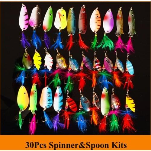 30pcs/lot Fishing Lure Spinner&Spoon Mixed color/Size/Weight/ Hook/Diving depth Metal Lures hard bait fishing tackle Free Ship