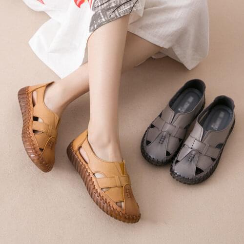 Womens Sandals 2019 Summer Genuine Leather Handmade Ladies Shoe Leather Sandals Women Flats Retro Style Mother Shoes