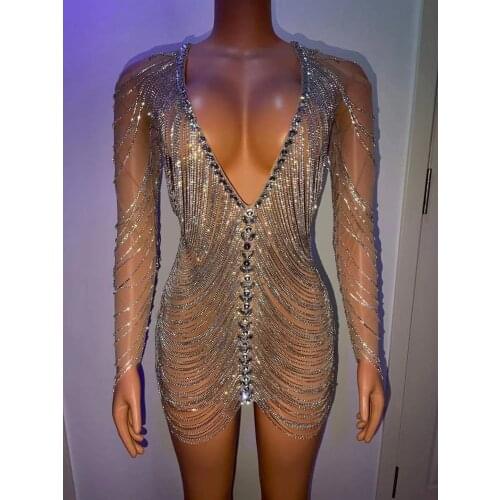Sexy Rhinestone Chains Hollow Dress with Mesh Under Party Prom Birthday Dress Nigthclub Outfit Singer Performance Show Costume