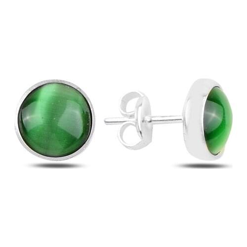 Silver 925 Sterling Round Green Cat 'S Eye Earrings