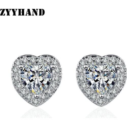 Platinum-Plated Clean Stone Heart Stud Earring Girl Luxury Cubic Zirconia Women Wedding Cute Romantic Ear Jewelry