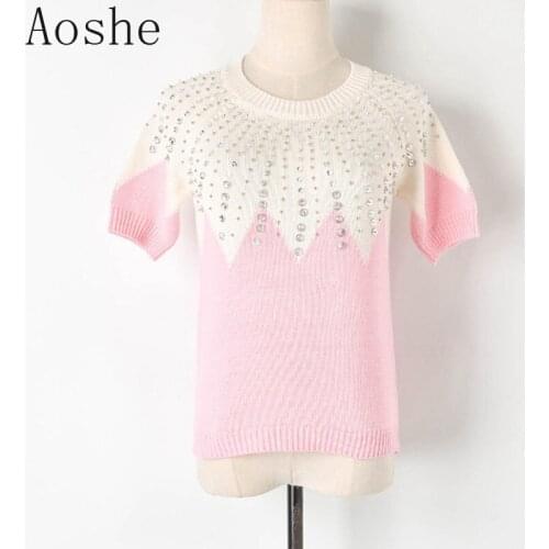 Sweet Powder White Stitching Color Nail Bead Rhinestone Short Sleeve Sweater