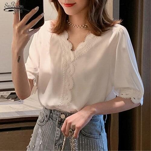 Women Chiffon Shirt Short Sleeve Blouse Spring Summer New Elegant Sweet V-neck Korean White Hollow Out Blusas Femininas 8988 50