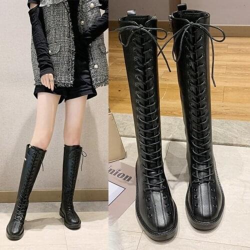 2021 NEW HOT Women Combat Boots Female High Platform Gothic Shoes Black Leather Boots Lace up Women Knee High Boots