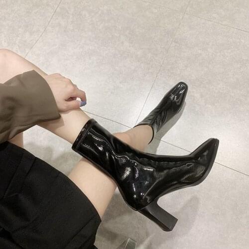 Martn Short Boots Womens 2020 New Autumn and Winter Thick-heeled Patent Leather Square Toe Plus Velvet High Heels Beige