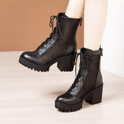 Leather Mesh Martin Boots Womens Summer 2021 New Waterproof Platform High Heel Thick Heel Lace Up Sandal Womens Shoes