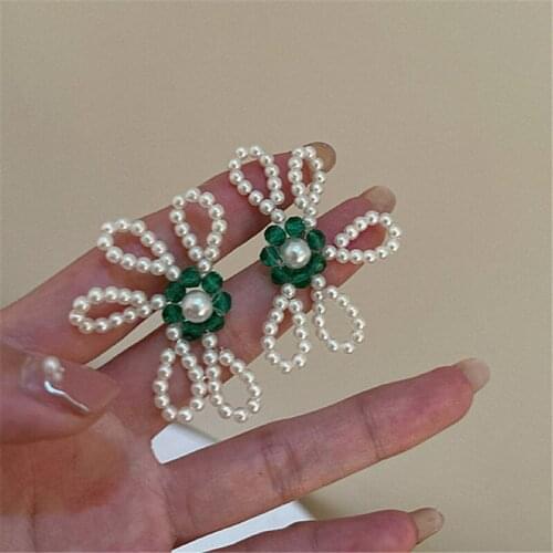 Origin Summer Cute Simulated Pearls Flower Earrings for Women Green Crystal Beading Drop Dangle Earrings Holiday Beach Jewelry