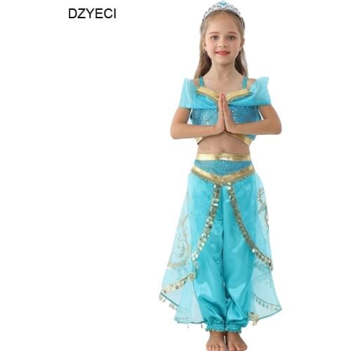 DZYECI Aladdin Jasmine Princess Costume For Baby Girl Dress Kid Beach Sundress Sling Top+Lace Pant Outfit Child Disguise Prom