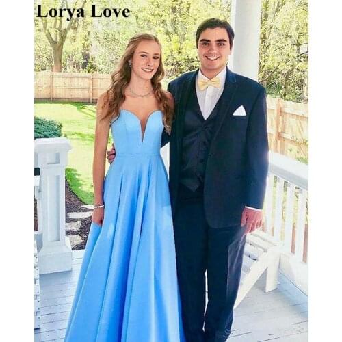 Light Blue Evening Dresses Women Formal Party Night 2020 Sleeveless Satin Robe De Soiree Elegant A-Line Vestidos Long Prom Gowns
