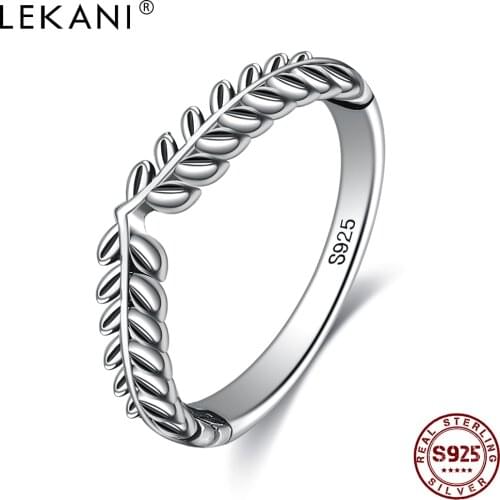 LEKANI Genuine 925 Sterling Silver Classic Stackable Vintage Lucky Tree Leaf Finger Ring For Women Anniversary Fine Jewelry Gift