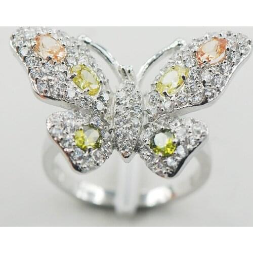 Micropave Morganite Peridot White Crystal Zircon 925 Sterling Silver Ring Size 6 7 8 9 10 11 A10