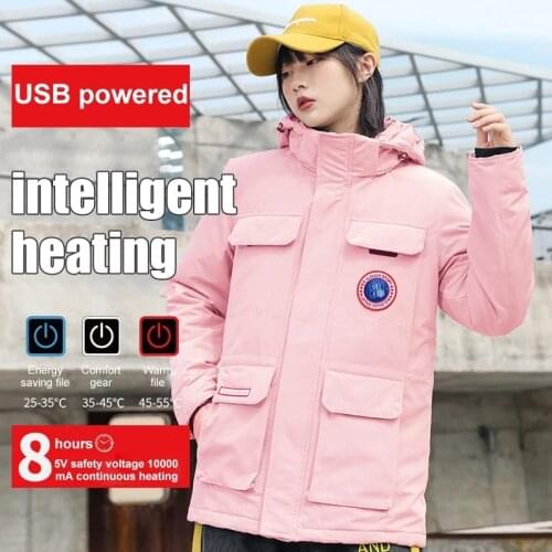 Winter women USB Heated Long Sleeves Hooded Coat Skiing Hiking Vests Winter Thermal Clothing Heating Padded Jacket Windbreaker
