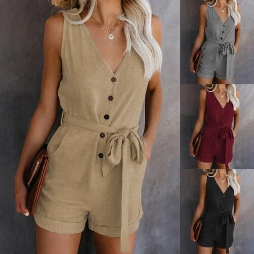 2021 Jumpsuit Solid Color Lace Up 4 Colors Ladies V Neck Simple Romper for Going Out Jumpsuit Womens With Belt Bodysuit Rompers