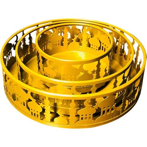 3PCS High-quality Islam Eid Mubarak Metal Food Serve Tray Round Food Container Ramadan Decoration Dessert Home Decor