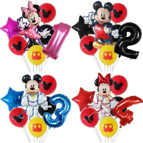 7Pcs Mickey Minnie Mouse Foil Balloon Number Latex Balloons Baby Shower 1 2 3 4 5 6 7 8 9st Birthday Party Decoration Kids Toy