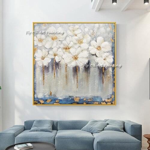 Handmade Abstract white Flowers Canvas Painting Wall Art Pictures For Living Room Decor Nordic Style Modern Home Decorative