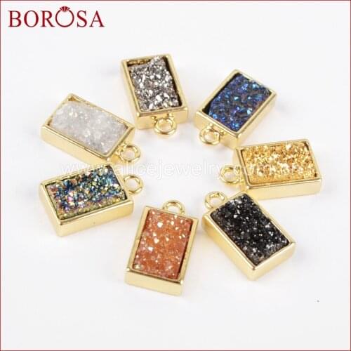 BOROSA 10PCS Gold Color Bezel Rectangle Champagne AB Black Color Titanium Druzy Charm Bead Pendant for Necklace Jewelry ZG0153