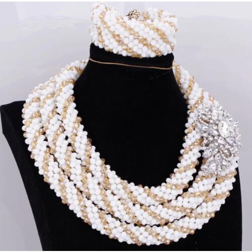 Dudo Jewellery Set For Bride 3 Layers Crystal Nigerian Wedding Jewelry Set For Women White & Gold