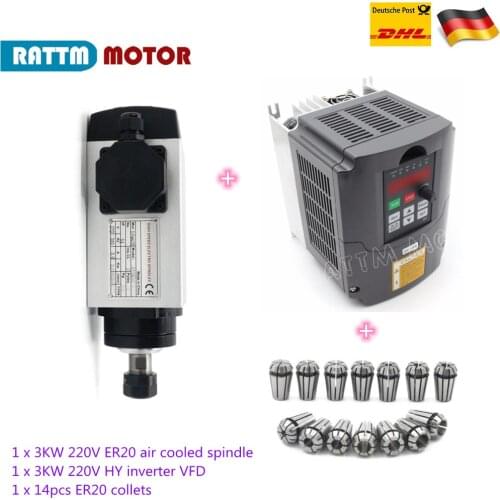 EU Ship Square Air cooled CNC spindle Kit 3KW ER20 4 bearings & 3KW Variable Frequency VFD Inverter for Milling lathe Machine