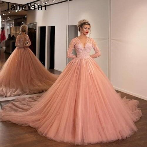 JaneVini Luxury Puffy Princess Long Sleeves Dubai Quinceanera Dresses Ball Gown V Neck Beading Tulle Sweet 16 Party Formal Gowns