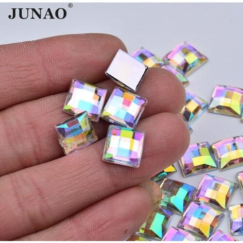 JUNAO 8 10 12 14 16 mm Square Crystal AB Rhinestones Acrylic Applique Flatback Non Hot Fix Crystals Stones for Needlework Crafts