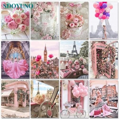 SDOYUNO Paint By Numbers For Adult Pink Scenery DIY Oil Painting By Numbers On Canvas Flowers 60x75cm Frame Landscape Home Decor