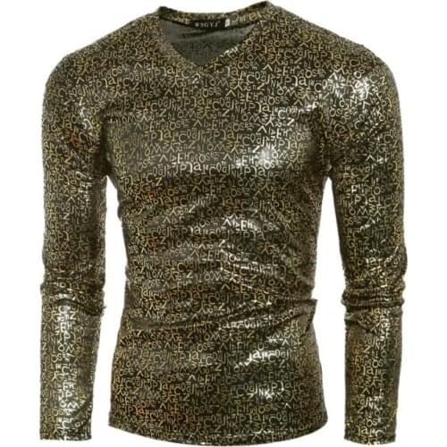 Long sleeve shirt men Letter print bronzing shirt camisa masculina teenage fashion slim sexy shirts mens shirt B109