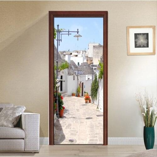 European Town Street DIY Mural Living Room Bedroom Door Decoration Wallpaper Vinyl Door PVC Waterproof Door Sticker Wallpaper