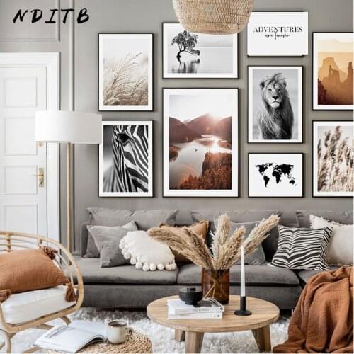 Mountain Sunset Nordic Nature Landscape Poster Lion Zebra Canvas Painting Art Print Scandinavian Wall Picture Living Room Decor